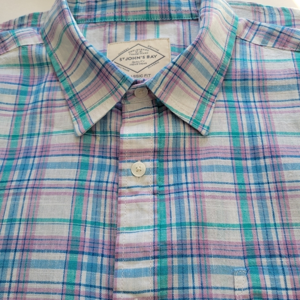 New St. John's Bay Madras Linen Mens Classic Fit Short Sleeve Button-Down Shirt. - Picture 4 of 7